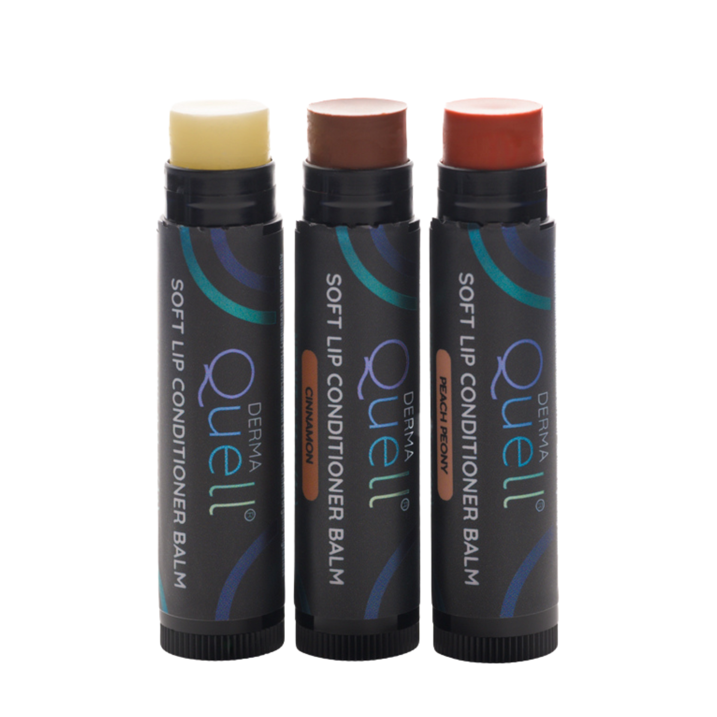 Three lip balm tubes with lids removed, one white balm labeled "Soft Lip Conditioner Balm," one brown tinted balm labeled, "Cinnamon," and one pink tinted balm labeled, "Peach Peony".