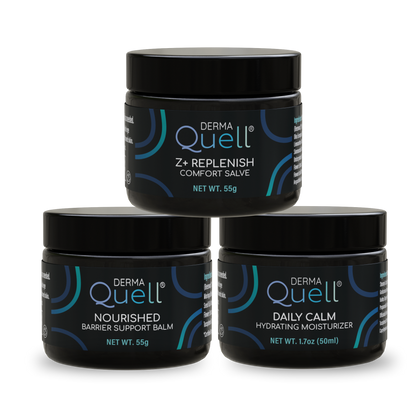 Three jars of DermaQuell skincare products on a white background