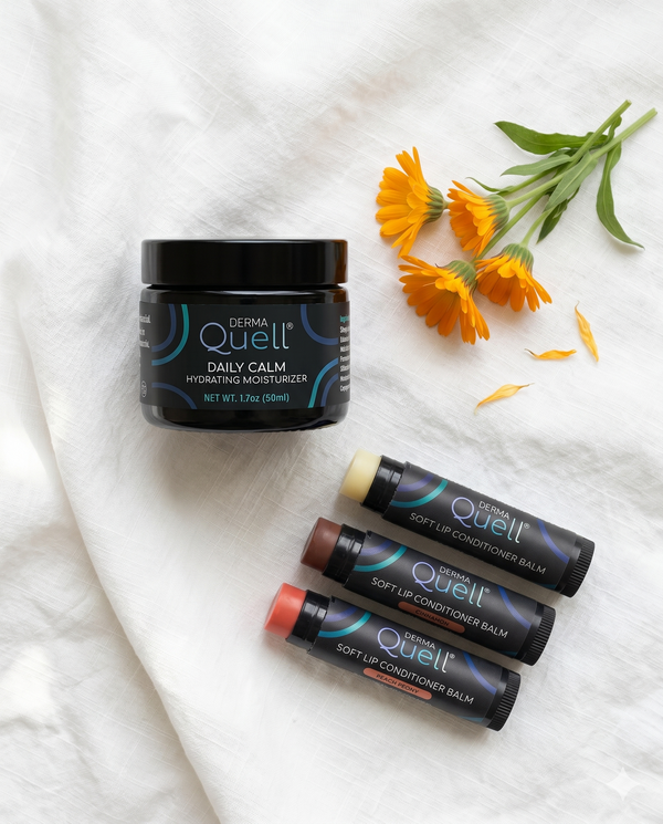 DermaQuell products displayed on a white linen background with calendula flowers.