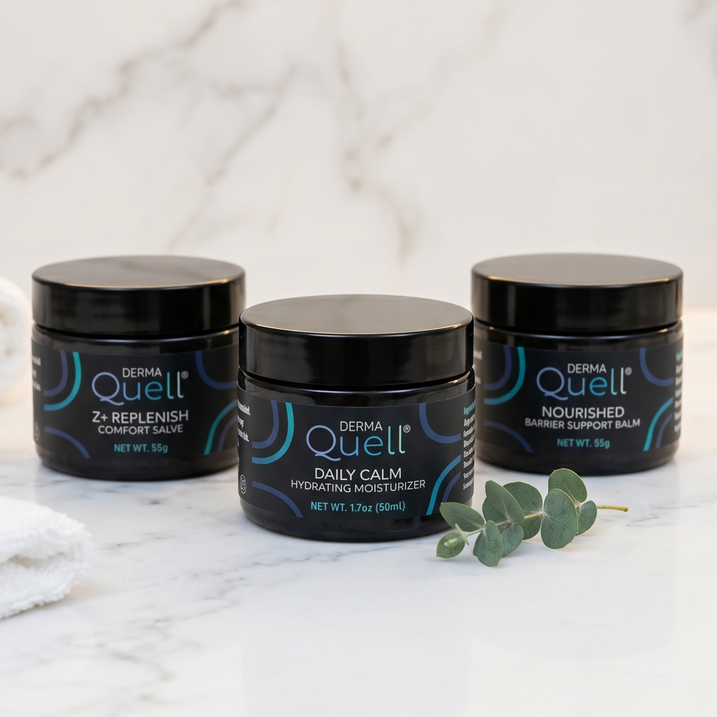 Z+ Replenish, Daily Calm, and Nourished Barrier Support Balm jars.