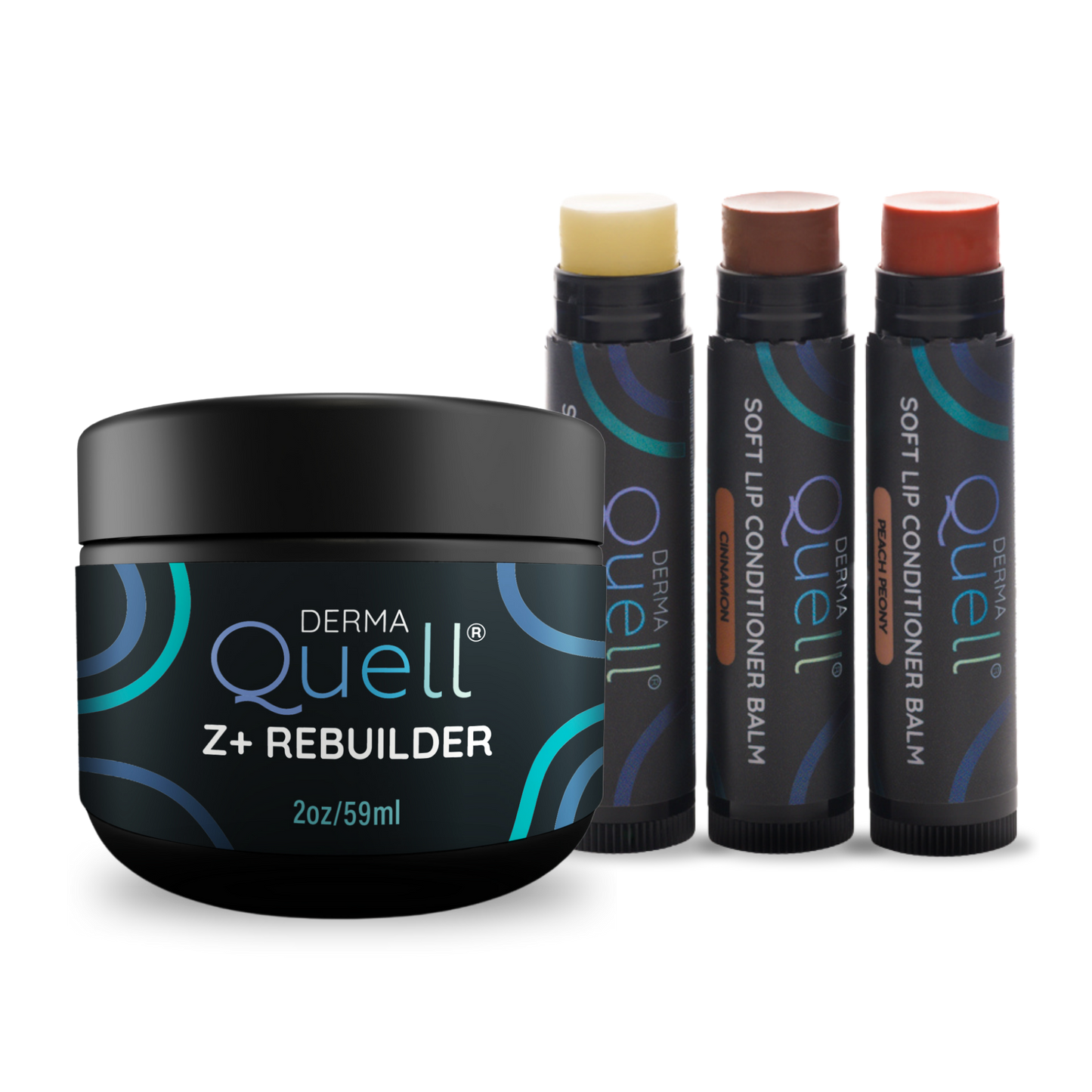 DermaQuell Z+ Rebuilder and Soft Lip Conditioner Balm on a white background.