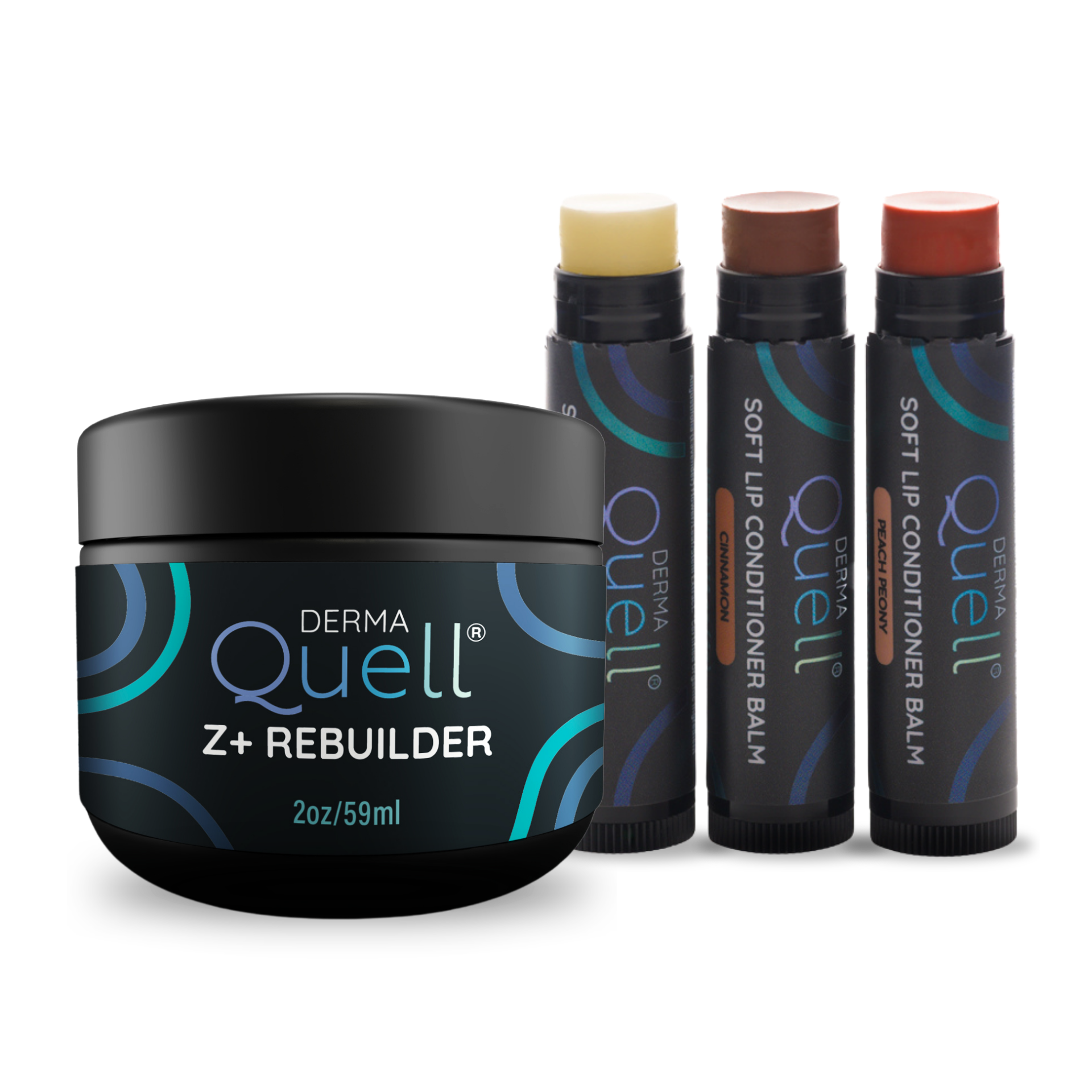 DermaQuell Z+ Rebuilder and Soft Lip Conditioner Balm on a white background.