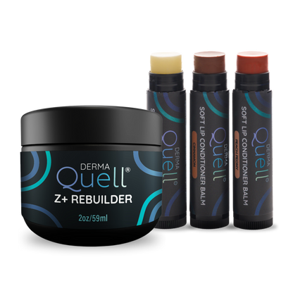 DermaQuell Z+ Rebuilder and Soft Lip Conditioner Balm on a white background.