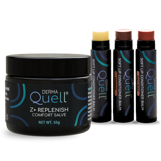 Z+ Replenish Comfort Salve paired with three Soft Lip Conditioner Balms.