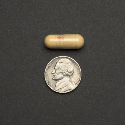 Beige capsule next to a nickel on a dark background