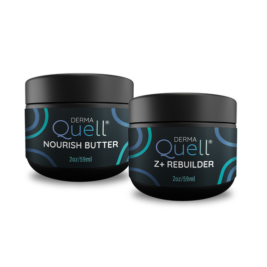 Two 2 ounce black jars labeled, "DermaQuell Nourish Butter," and, "DermaQuell Z+ Rebuilder."