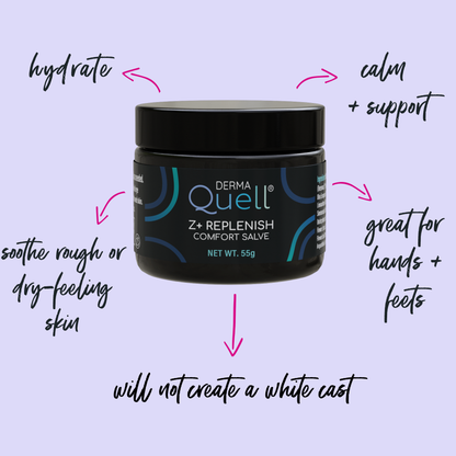 DermaQuell Z+ Replenish Comfort Salve jar with text highlighting its benefits on a light purple background
