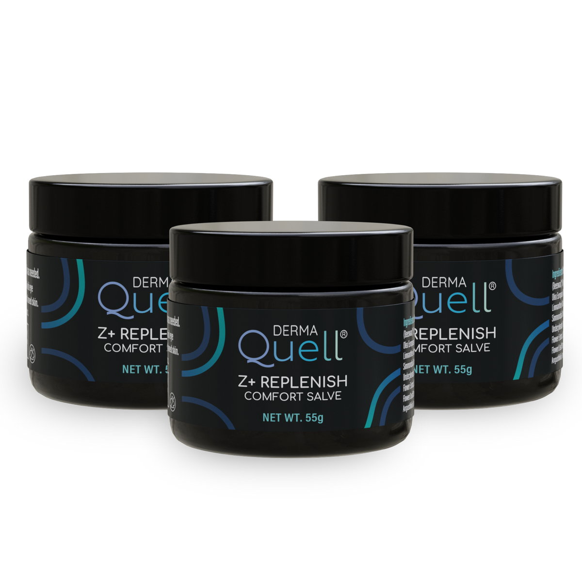 Three jars of DermaQuell Z+ Replenish Comfort Salve.