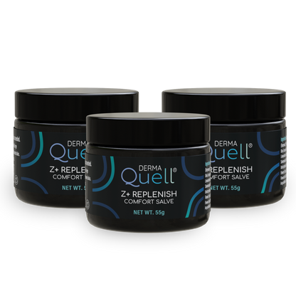 Three jars of DermaQuell Z+ Replenish Comfort Salve.