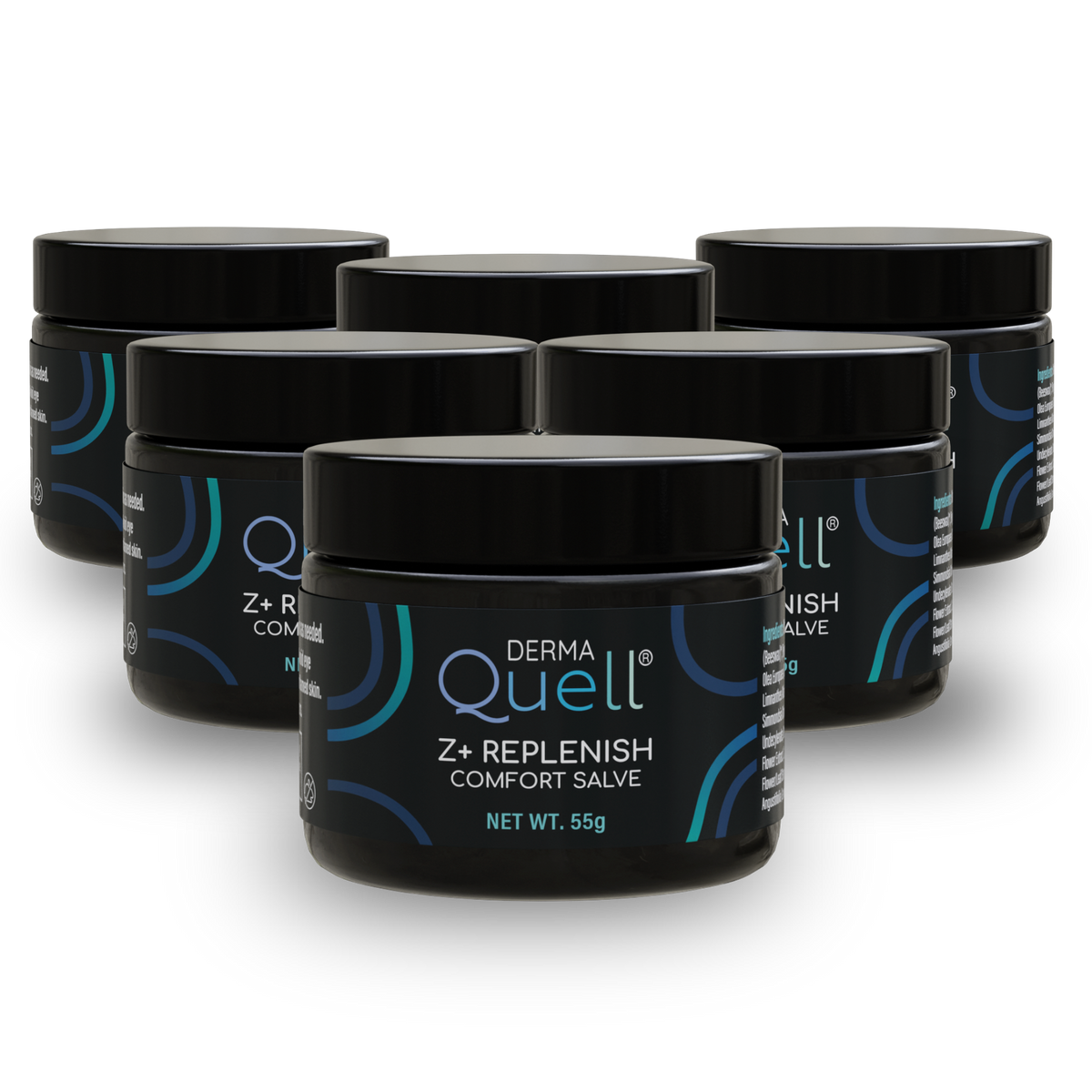 Six jars of DermaQuell Z+ Replenish Comfort Salve.