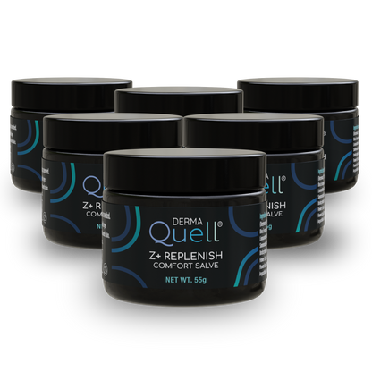 Six jars of DermaQuell Z+ Replenish Comfort Salve.