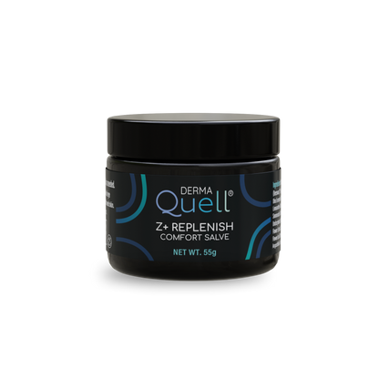 Black jar of DermaQuell Z+ Replenish Comfort Salve on a white background