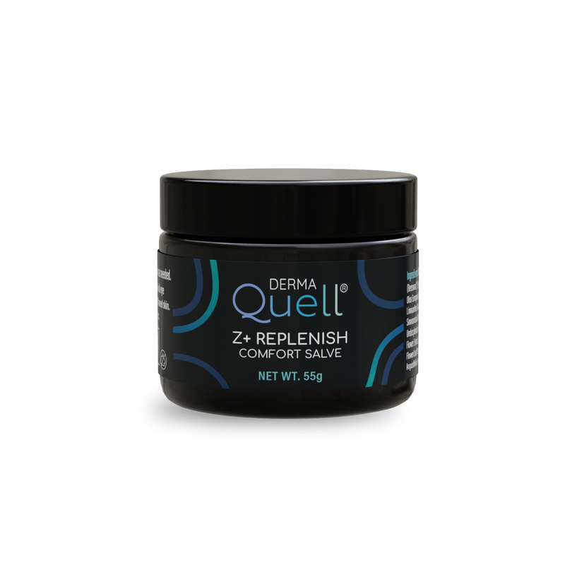Black DermaQuell Z+ Replenish Comfort Salve jar on a white background.