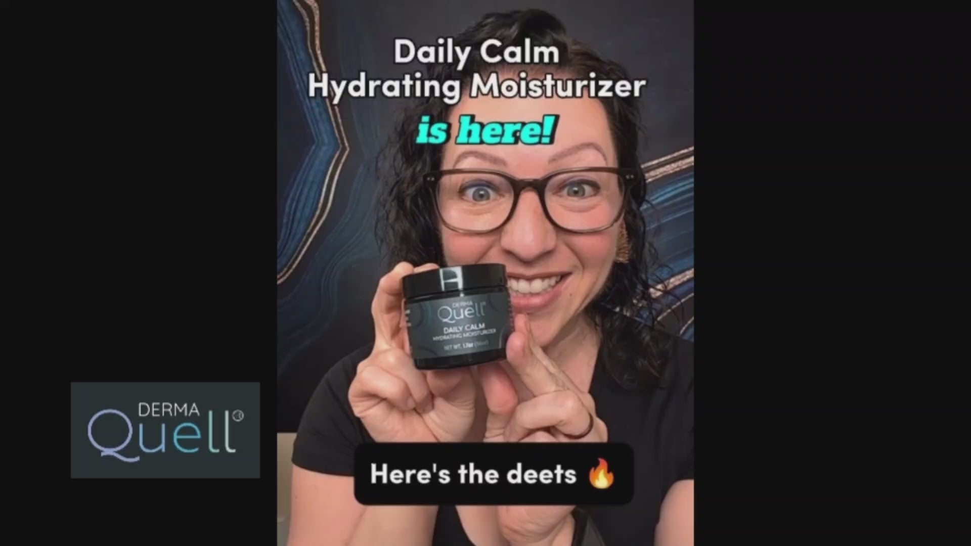 Load video: Woman wearing black glasses demonstrating the texture and appearance of DermaQuell Daily Calm Hydrating Moisturizer.